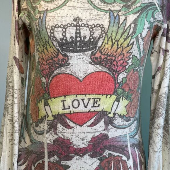 Y2K LVL X Sweater Cream Multi Knit Graphic Print Tattoo Long Sleeve Tunic M - Picture 5 of 7